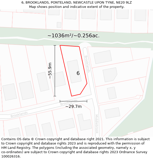 6, BROOKLANDS, PONTELAND, NEWCASTLE UPON TYNE, NE20 9LZ: Plot and title map