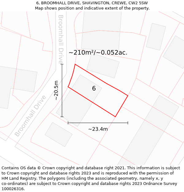 6, BROOMHALL DRIVE, SHAVINGTON, CREWE, CW2 5SW: Plot and title map