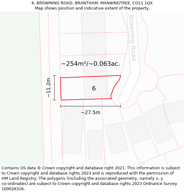 6, BROWNING ROAD, BRANTHAM, MANNINGTREE, CO11 1QX: Plot and title map