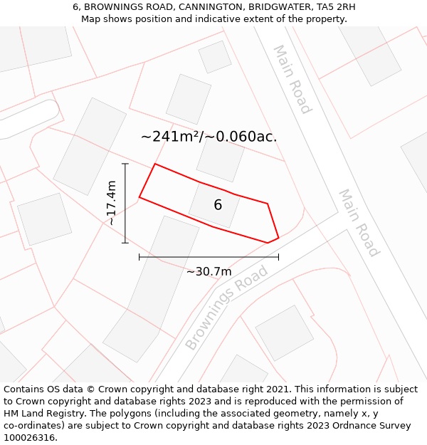 6, BROWNINGS ROAD, CANNINGTON, BRIDGWATER, TA5 2RH: Plot and title map