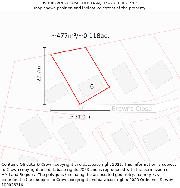 6, BROWNS CLOSE, HITCHAM, IPSWICH, IP7 7NP: Plot and title map