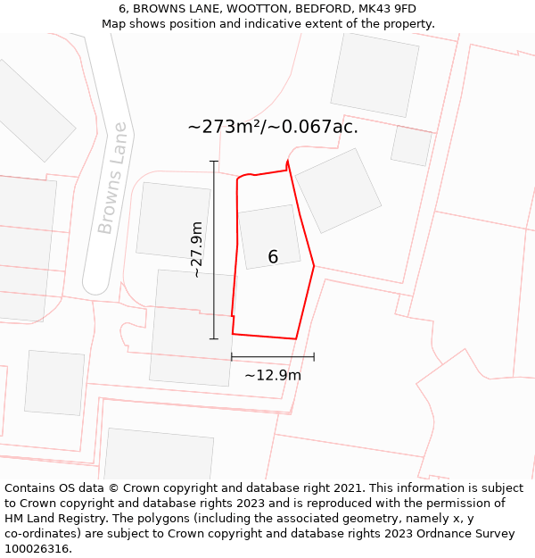 6, BROWNS LANE, WOOTTON, BEDFORD, MK43 9FD: Plot and title map