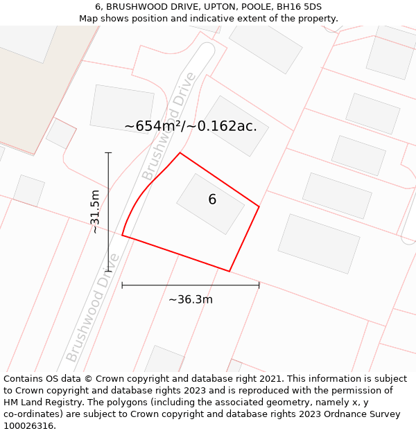 6, BRUSHWOOD DRIVE, UPTON, POOLE, BH16 5DS: Plot and title map