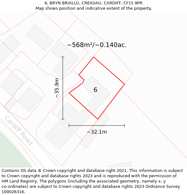 6, BRYN BRIALLU, CREIGIAU, CARDIFF, CF15 9PR: Plot and title map