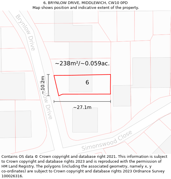 6, BRYNLOW DRIVE, MIDDLEWICH, CW10 0PD: Plot and title map