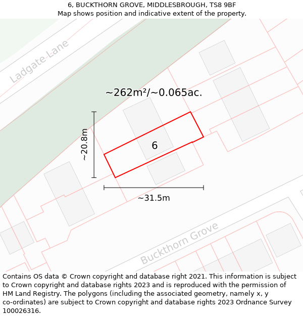 6, BUCKTHORN GROVE, MIDDLESBROUGH, TS8 9BF: Plot and title map