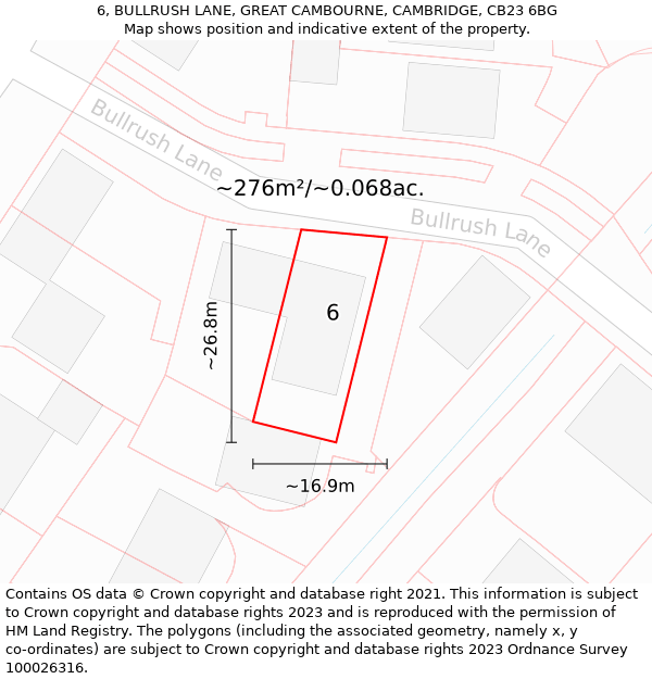 6, BULLRUSH LANE, GREAT CAMBOURNE, CAMBRIDGE, CB23 6BG: Plot and title map