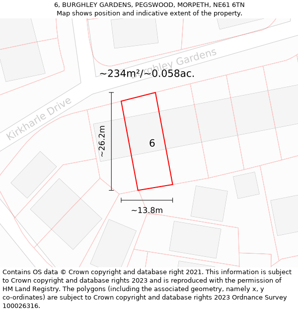 6, BURGHLEY GARDENS, PEGSWOOD, MORPETH, NE61 6TN: Plot and title map