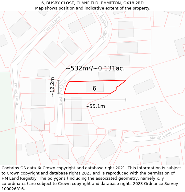 6, BUSBY CLOSE, CLANFIELD, BAMPTON, OX18 2RD: Plot and title map