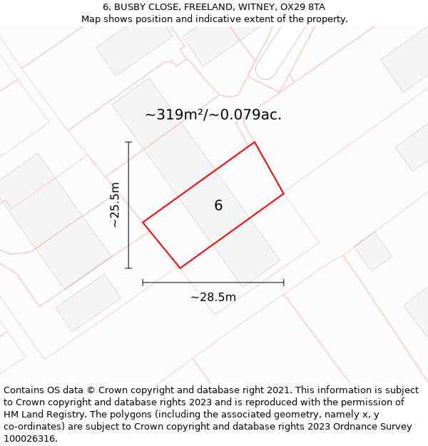 6, BUSBY CLOSE, FREELAND, WITNEY, OX29 8TA: Plot and title map