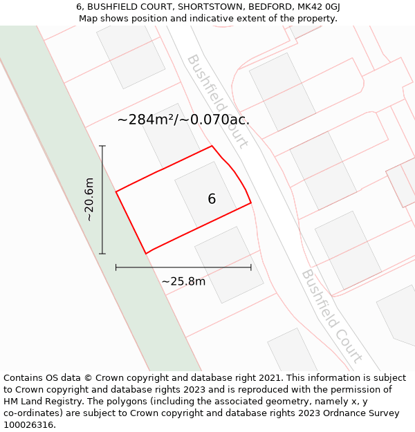 6, BUSHFIELD COURT, SHORTSTOWN, BEDFORD, MK42 0GJ: Plot and title map