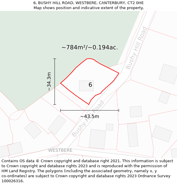6, BUSHY HILL ROAD, WESTBERE, CANTERBURY, CT2 0HE: Plot and title map