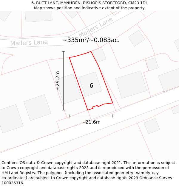 6, BUTT LANE, MANUDEN, BISHOP'S STORTFORD, CM23 1DL: Plot and title map