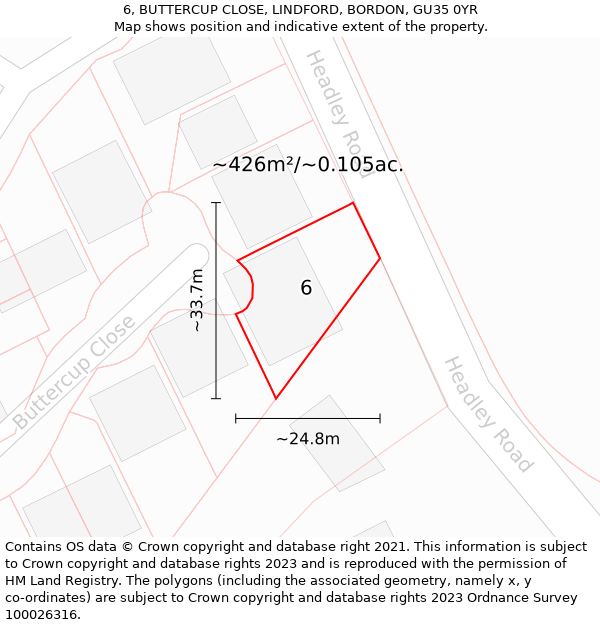 6, BUTTERCUP CLOSE, LINDFORD, BORDON, GU35 0YR: Plot and title map