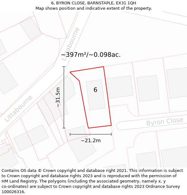 6, BYRON CLOSE, BARNSTAPLE, EX31 1QH: Plot and title map