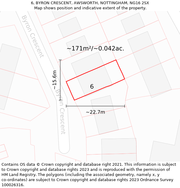 6, BYRON CRESCENT, AWSWORTH, NOTTINGHAM, NG16 2SX: Plot and title map