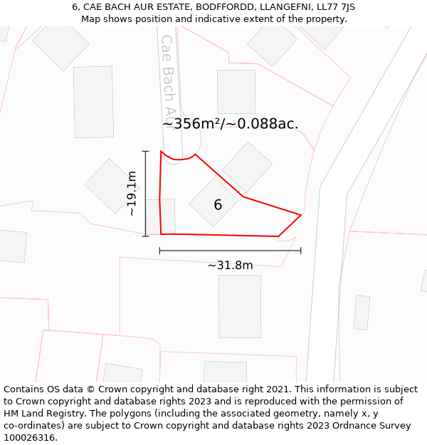 6, CAE BACH AUR ESTATE, BODFFORDD, LLANGEFNI, LL77 7JS: Plot and title map