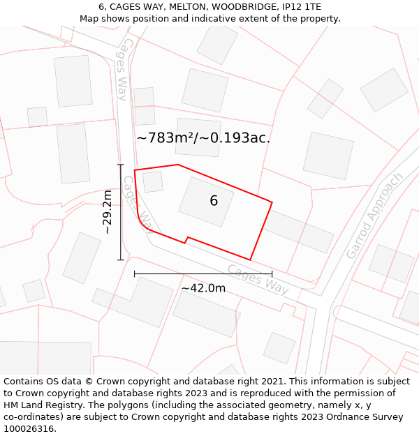 6, CAGES WAY, MELTON, WOODBRIDGE, IP12 1TE: Plot and title map