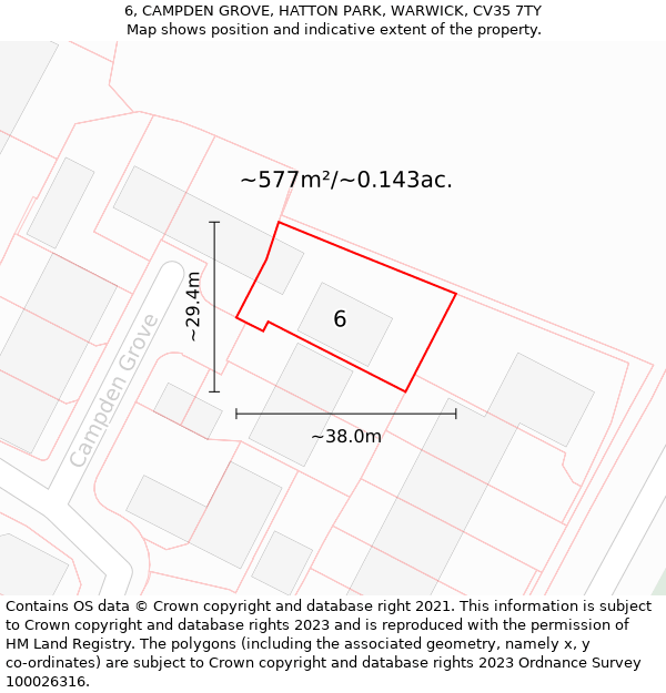 6, CAMPDEN GROVE, HATTON PARK, WARWICK, CV35 7TY: Plot and title map