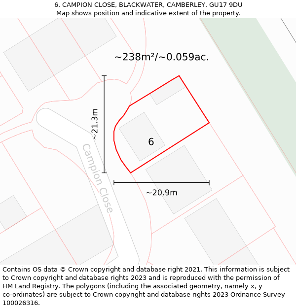 6, CAMPION CLOSE, BLACKWATER, CAMBERLEY, GU17 9DU: Plot and title map