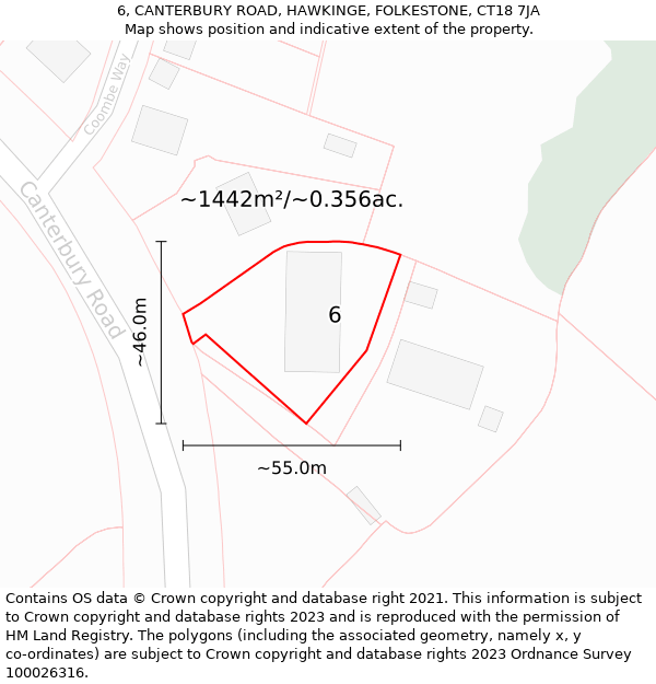 6, CANTERBURY ROAD, HAWKINGE, FOLKESTONE, CT18 7JA: Plot and title map