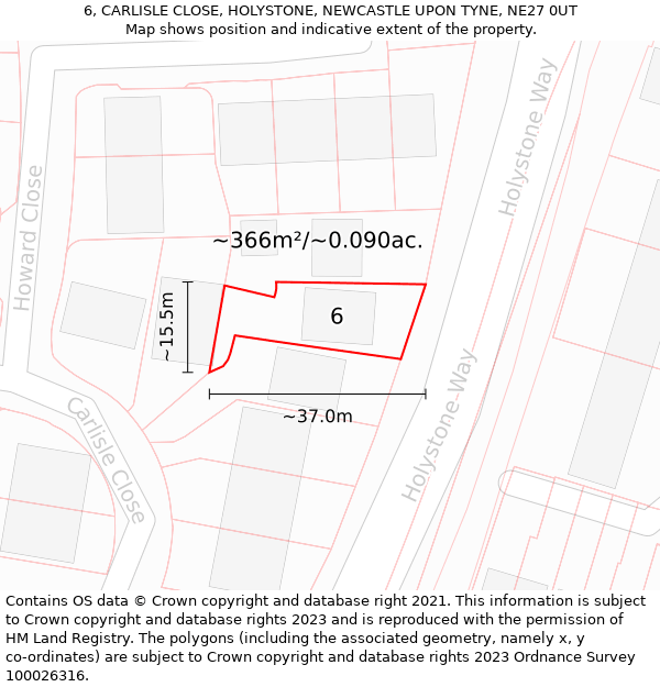 6, CARLISLE CLOSE, HOLYSTONE, NEWCASTLE UPON TYNE, NE27 0UT: Plot and title map