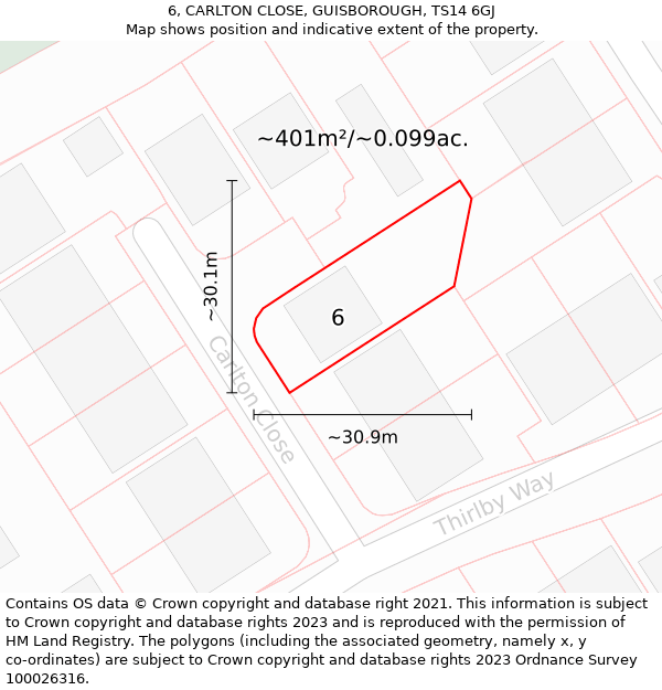 6, CARLTON CLOSE, GUISBOROUGH, TS14 6GJ: Plot and title map