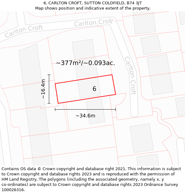 6, CARLTON CROFT, SUTTON COLDFIELD, B74 3JT: Plot and title map