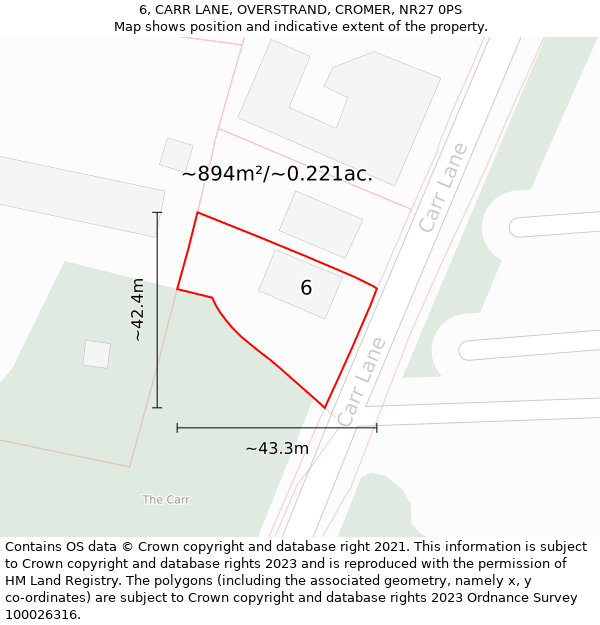 6, CARR LANE, OVERSTRAND, CROMER, NR27 0PS: Plot and title map