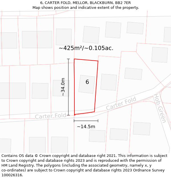 6, CARTER FOLD, MELLOR, BLACKBURN, BB2 7ER: Plot and title map