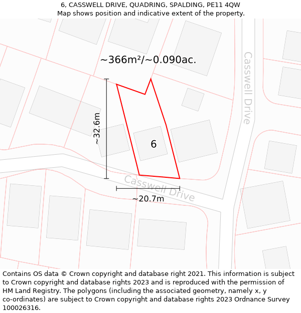 6, CASSWELL DRIVE, QUADRING, SPALDING, PE11 4QW: Plot and title map