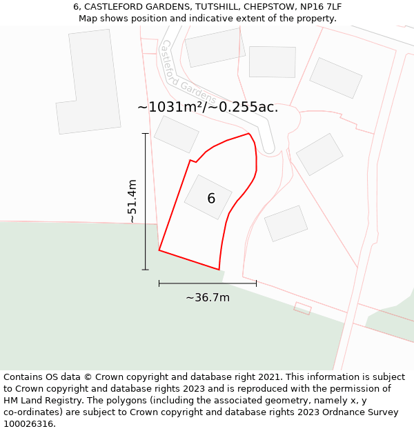 6, CASTLEFORD GARDENS, TUTSHILL, CHEPSTOW, NP16 7LF: Plot and title map