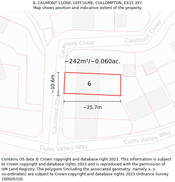 6, CAUMONT CLOSE, UFFCULME, CULLOMPTON, EX15 3XY: Plot and title map