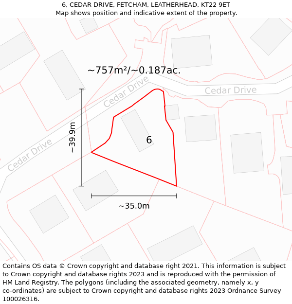 6, CEDAR DRIVE, FETCHAM, LEATHERHEAD, KT22 9ET: Plot and title map