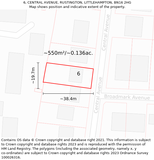 6, CENTRAL AVENUE, RUSTINGTON, LITTLEHAMPTON, BN16 2HG: Plot and title map