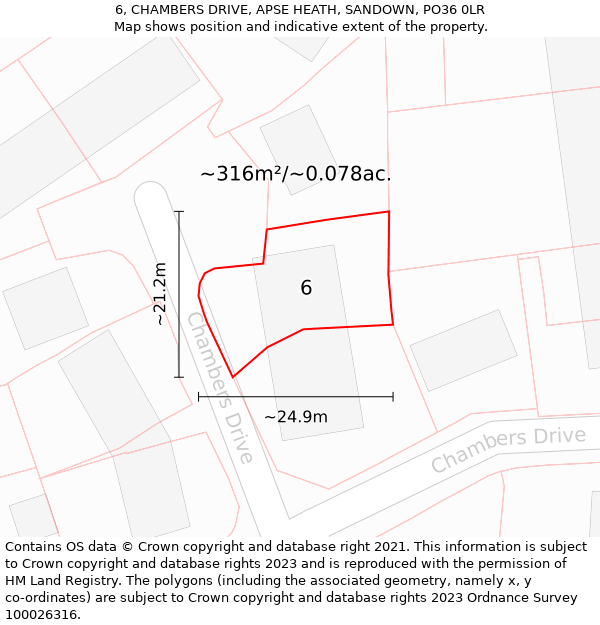 6, CHAMBERS DRIVE, APSE HEATH, SANDOWN, PO36 0LR: Plot and title map