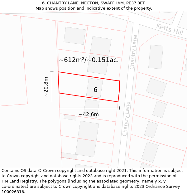 6, CHANTRY LANE, NECTON, SWAFFHAM, PE37 8ET: Plot and title map