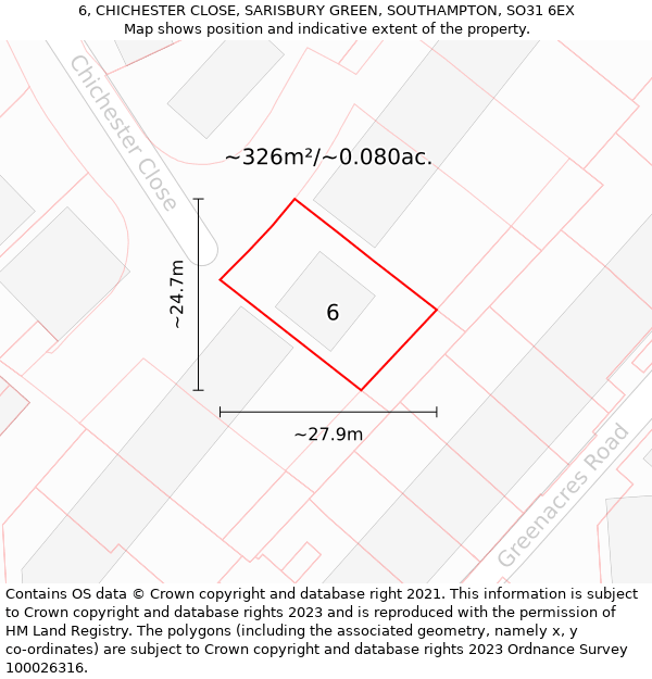 6, CHICHESTER CLOSE, SARISBURY GREEN, SOUTHAMPTON, SO31 6EX: Plot and title map