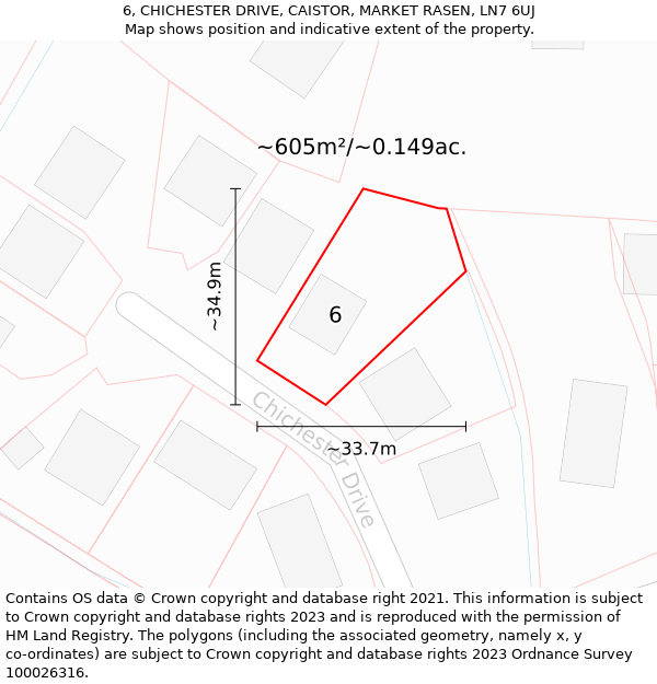 6, CHICHESTER DRIVE, CAISTOR, MARKET RASEN, LN7 6UJ: Plot and title map