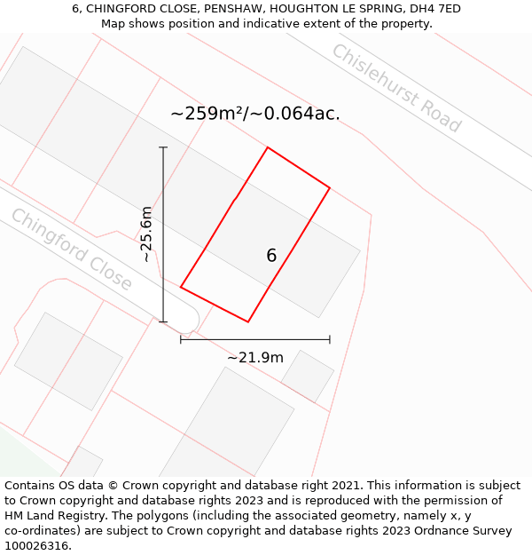 6, CHINGFORD CLOSE, PENSHAW, HOUGHTON LE SPRING, DH4 7ED: Plot and title map