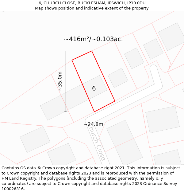 6, CHURCH CLOSE, BUCKLESHAM, IPSWICH, IP10 0DU: Plot and title map