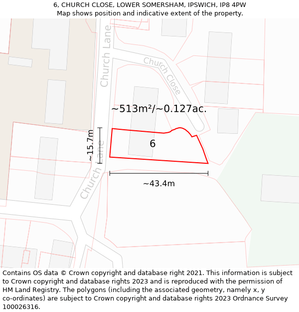 6, CHURCH CLOSE, LOWER SOMERSHAM, IPSWICH, IP8 4PW: Plot and title map