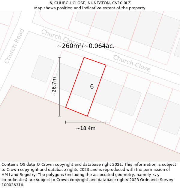 6, CHURCH CLOSE, NUNEATON, CV10 0LZ: Plot and title map