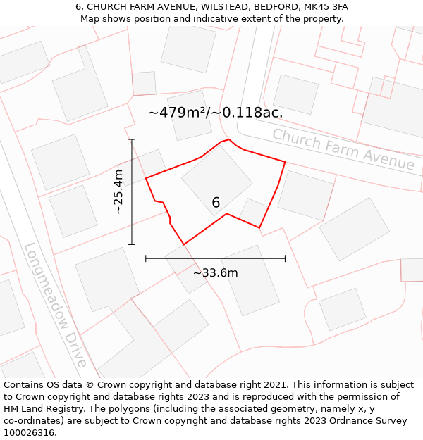 6, CHURCH FARM AVENUE, WILSTEAD, BEDFORD, MK45 3FA: Plot and title map