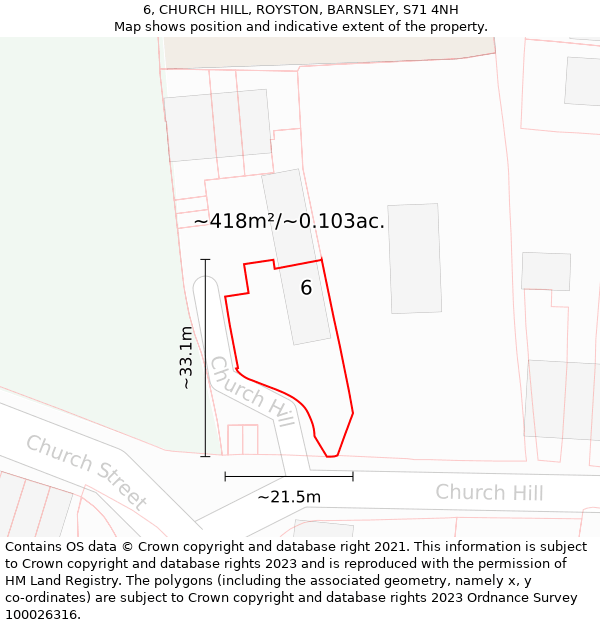 6, CHURCH HILL, ROYSTON, BARNSLEY, S71 4NH: Plot and title map