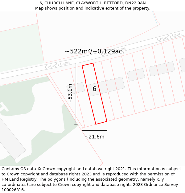 6, CHURCH LANE, CLAYWORTH, RETFORD, DN22 9AN: Plot and title map