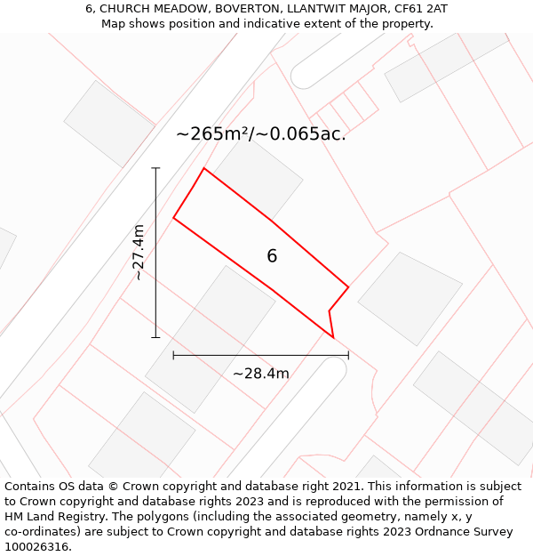 6, CHURCH MEADOW, BOVERTON, LLANTWIT MAJOR, CF61 2AT: Plot and title map