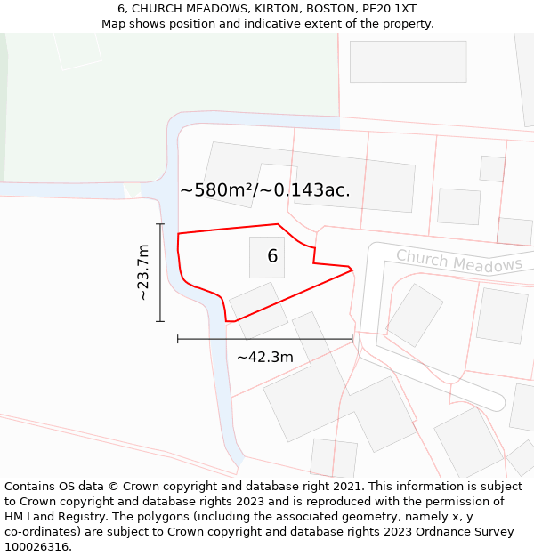 6, CHURCH MEADOWS, KIRTON, BOSTON, PE20 1XT: Plot and title map