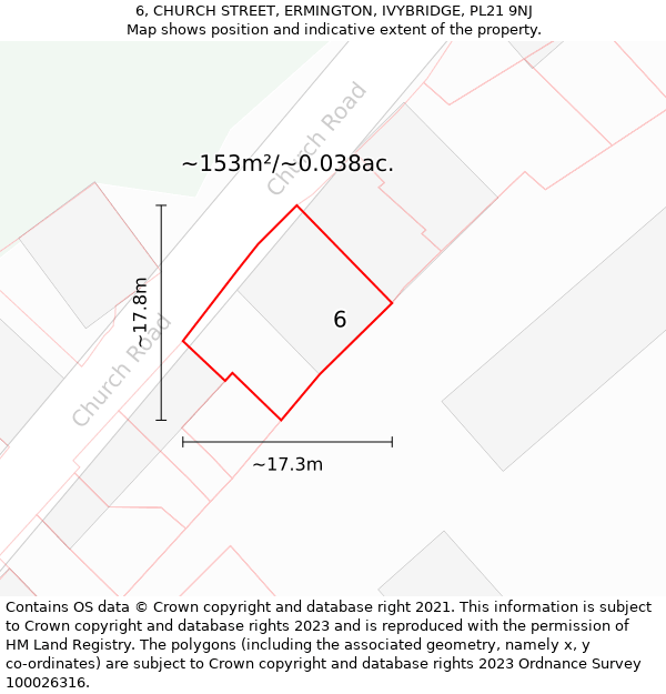 6, CHURCH STREET, ERMINGTON, IVYBRIDGE, PL21 9NJ: Plot and title map