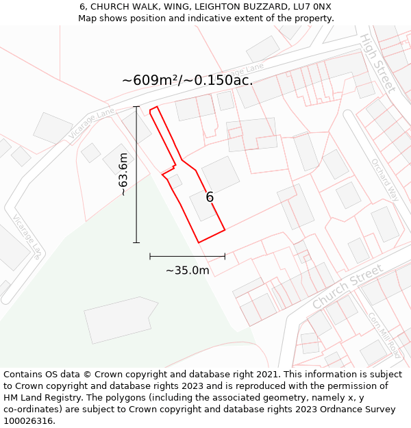 6, CHURCH WALK, WING, LEIGHTON BUZZARD, LU7 0NX: Plot and title map